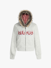 Retro Gradient Letter Print Splicing Cardigan Fur Collar Zip Up Hoodie