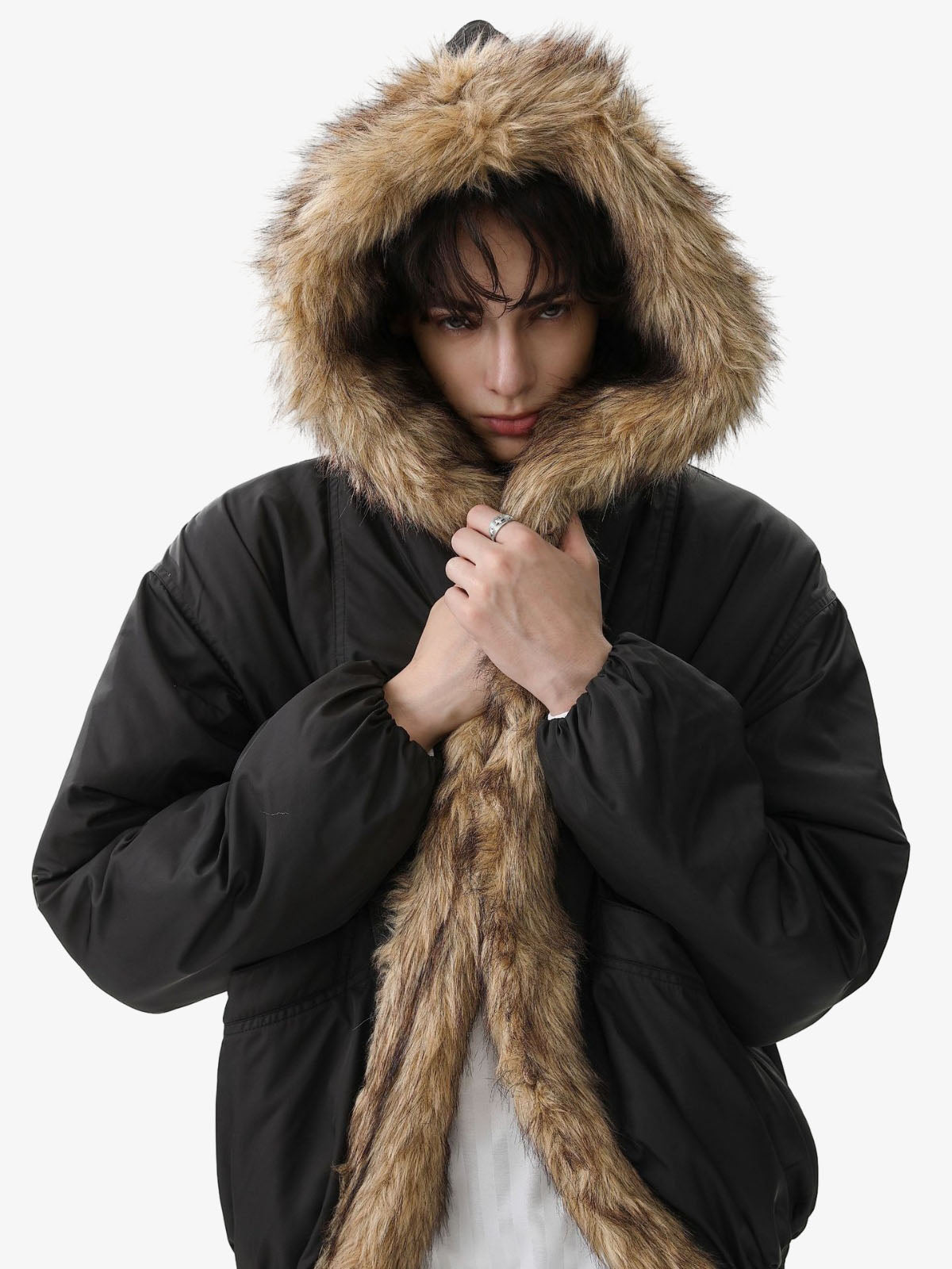 Retro Pleated Fur Hooded Padded Jacket