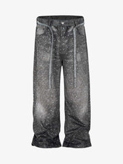 Denim Distressed Belt Diamond Decorated Jeans