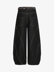Denim Retro Belt Detail With Patchwork Barrel Jeans