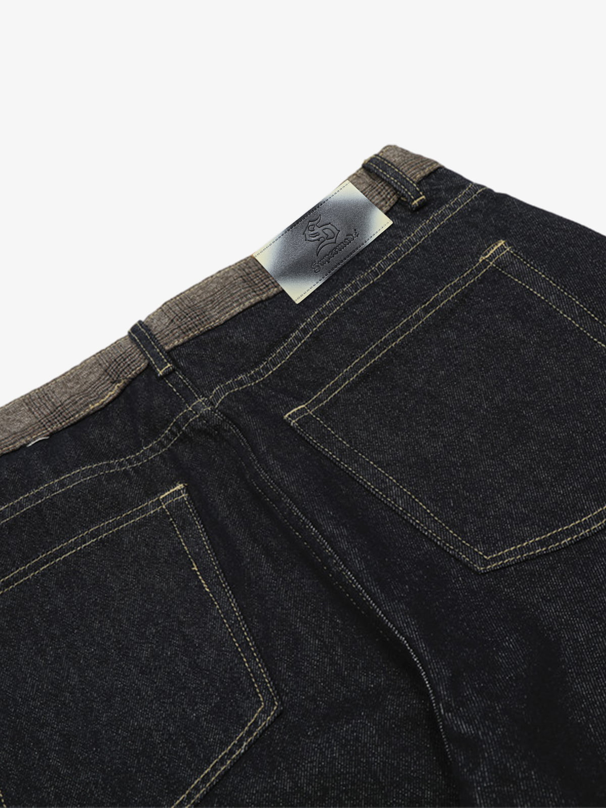 Denim Vintage Patchwork Plaid Cuffed Straight-Leg Jeans