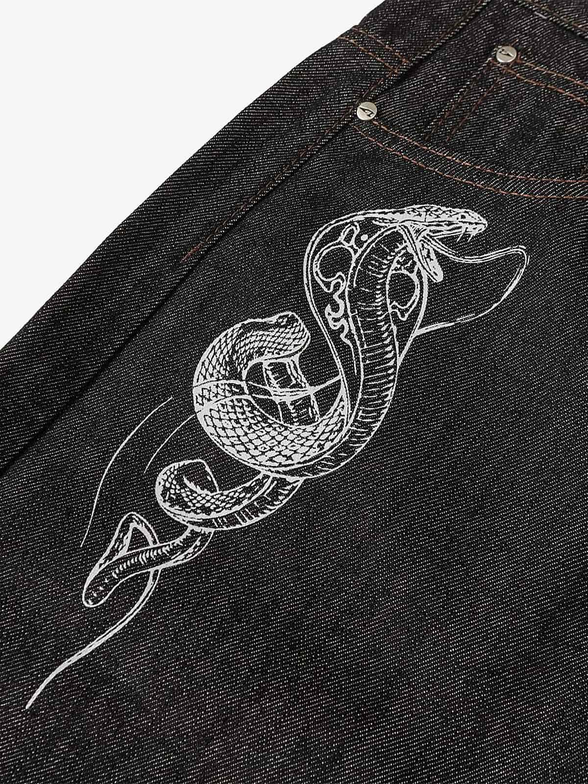 Denim Street Dark Snake Embroidery Baggy Jeans