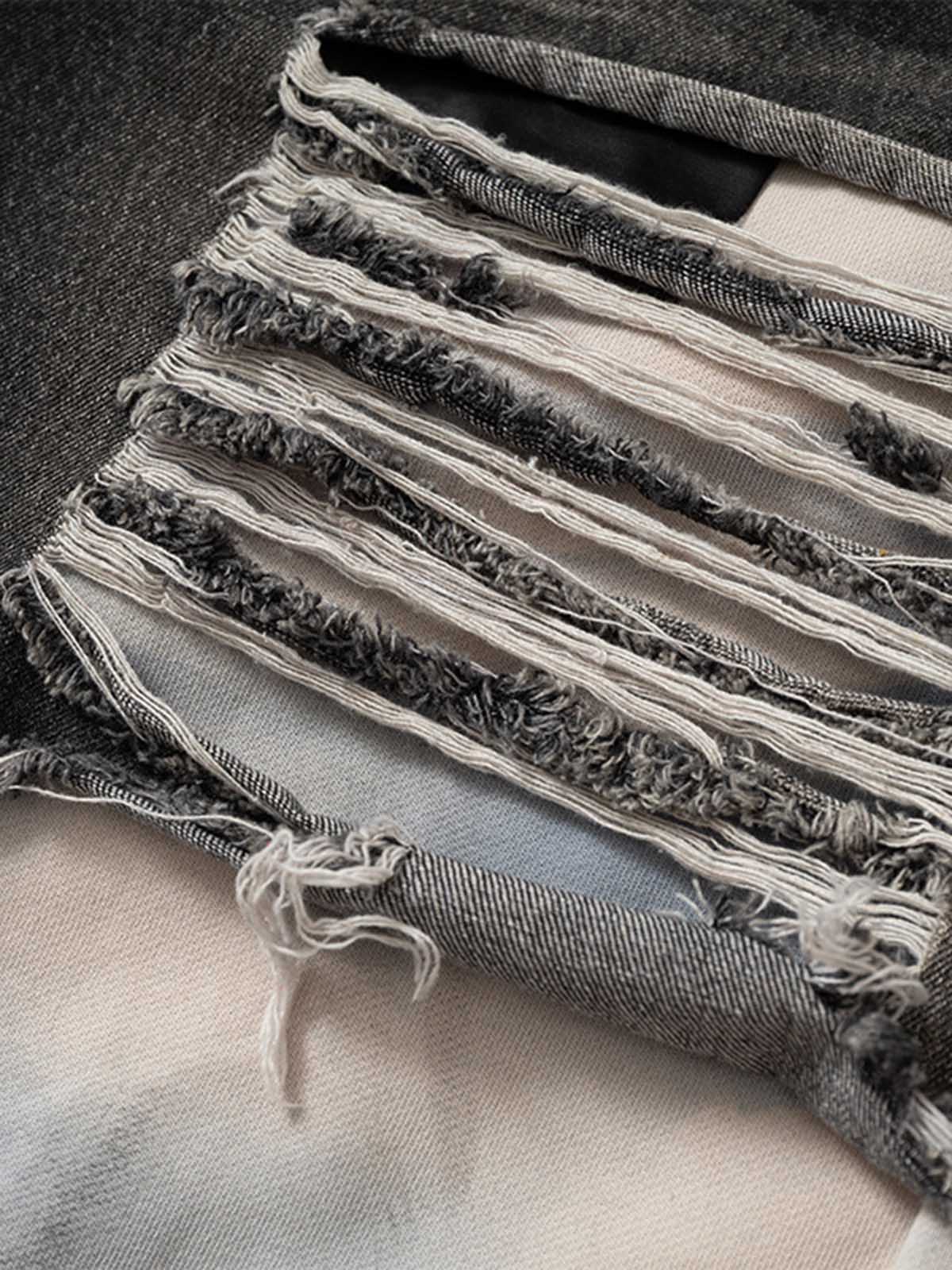 Double-Waistband Denim Patchwork Ripped Casual Pants