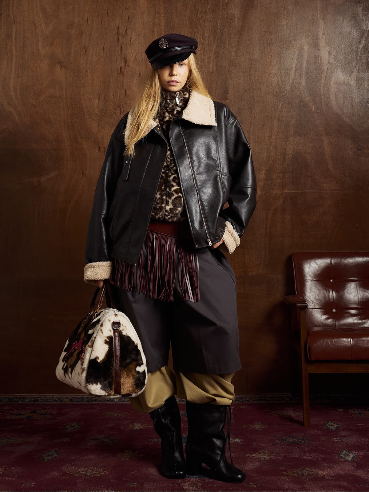 Vintage Shearling Collar Quilted Leather Jacket