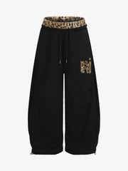 Retro Double-Waist Leopard Patch Barrel Pants