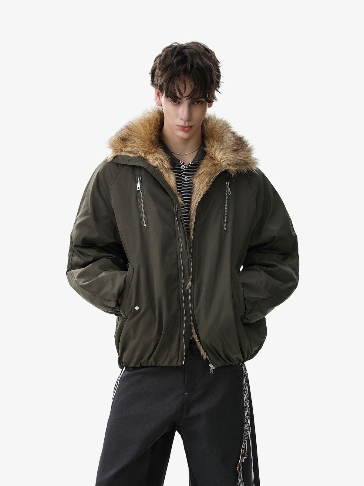 Vintage Zipper Design Fur Stand Collar Bomber Jacket