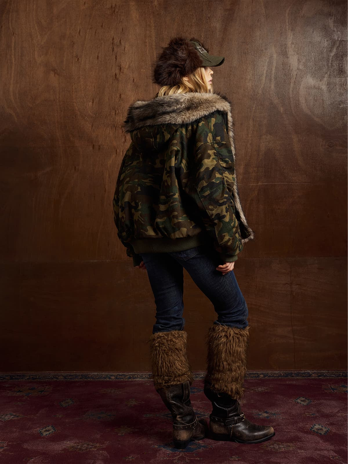 Vintage Camouflage Fur Collar Quilted Hooded Bomber Jacket