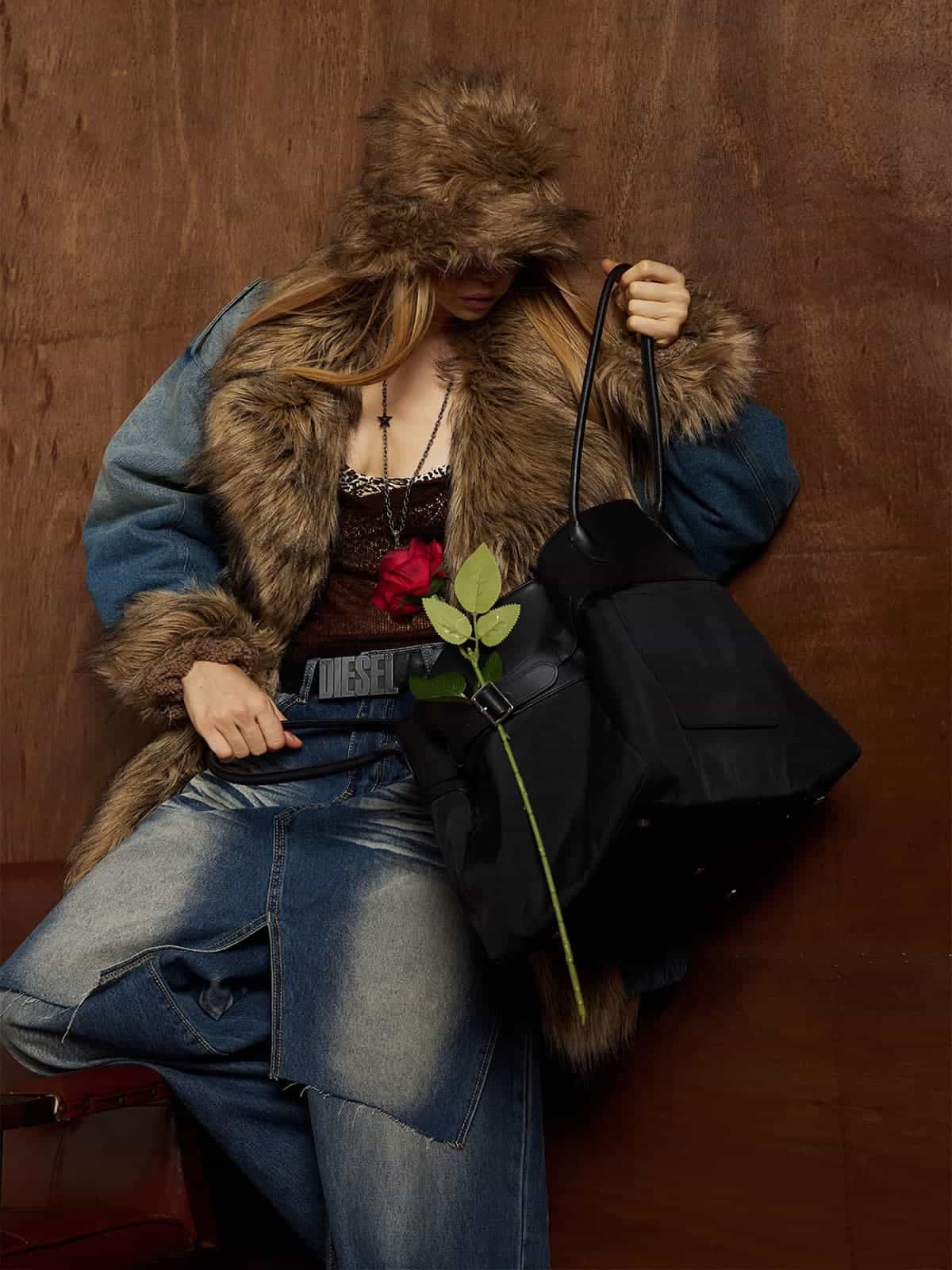 Street Retro Fur Patchwork Washed Denim Cotton Jacket