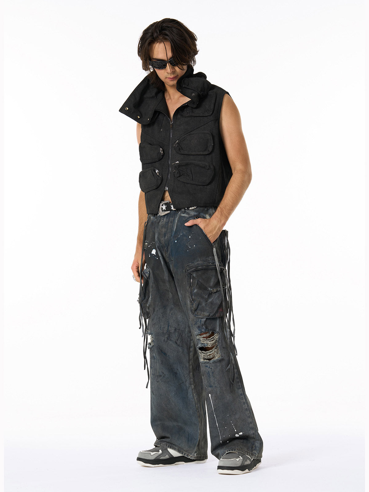 Heavy Dirty Dyed Multi-Pocket Drawstring Work Jeans