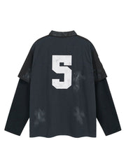 Jersey Faux Two-piece Embroidery Polo Collar Sweatshirt