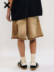 American Retro Distressed Washed Denim Shorts Street Style