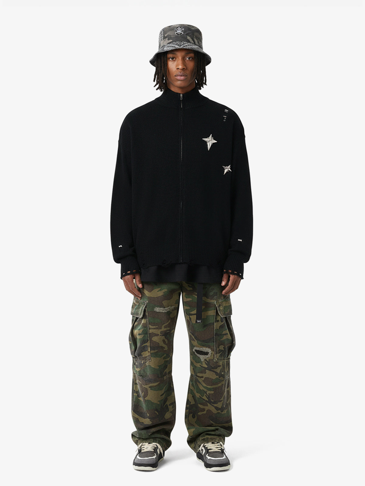 Distressed Ripped-Edge Turtleneck Diamond Star Zipper Knitted Sweater