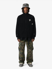 Distressed Ripped-Edge Turtleneck Diamond Star Zipper Knitted Sweater