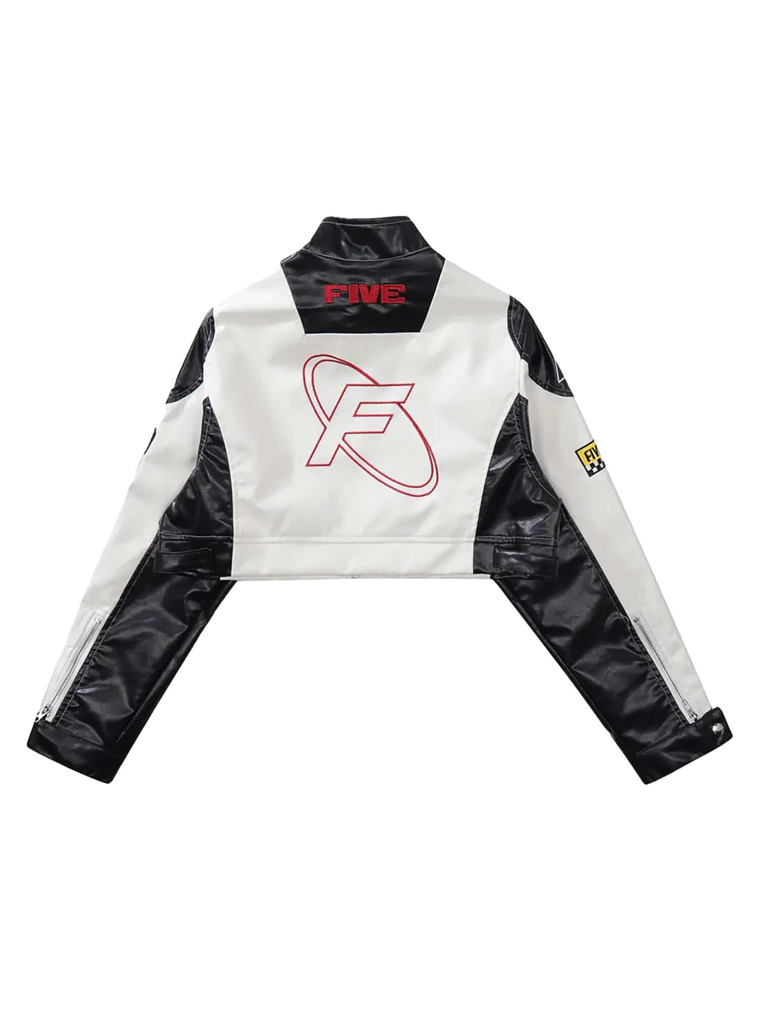 Badge Short PU Leather Racing Jacket Futuristic Street Style