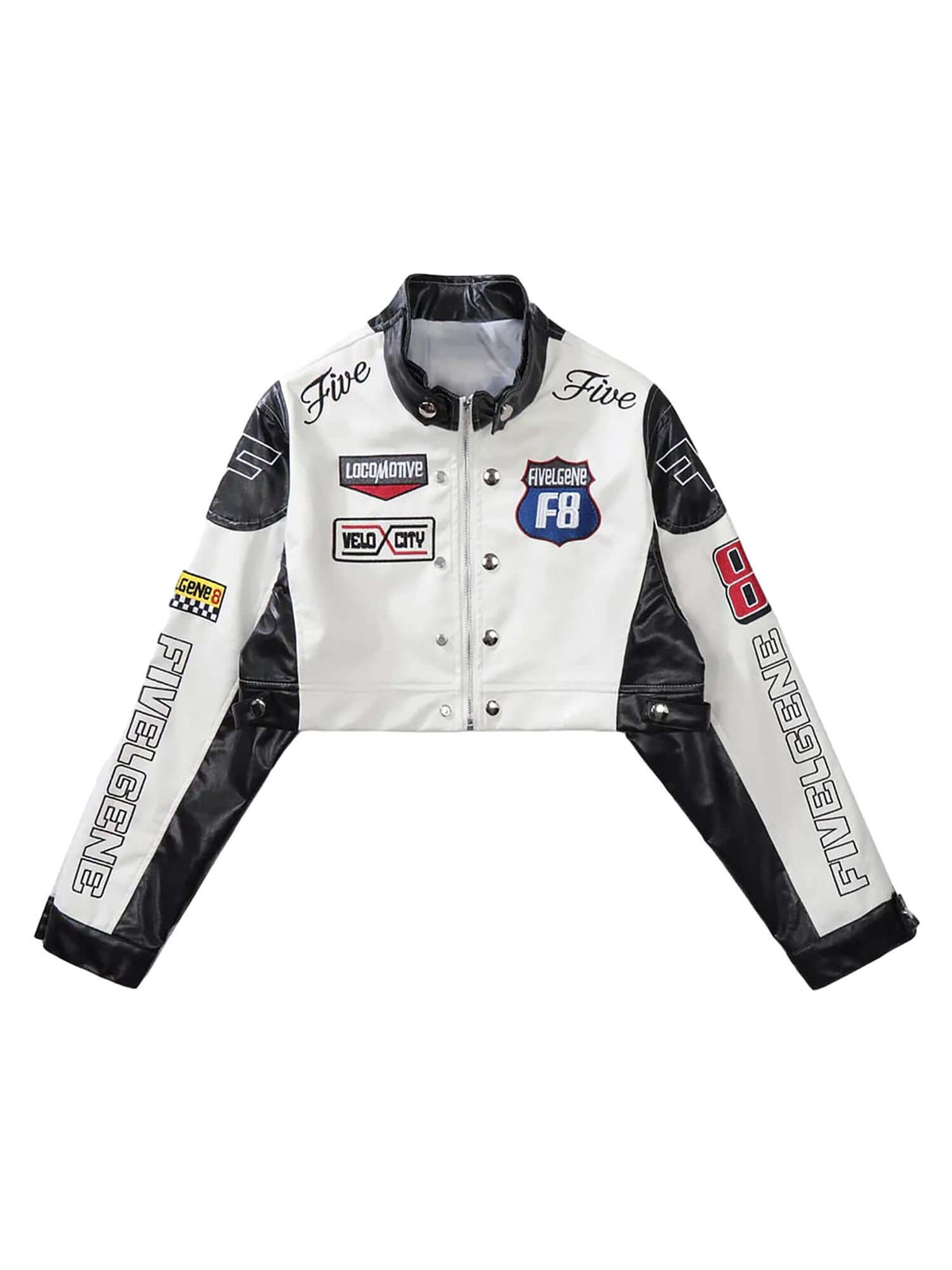 Badge Short PU Leather Racing Jacket Futuristic Street Style