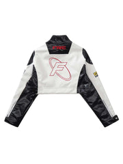 Badge Short PU Leather Racing Jacket Futuristic Street Style