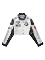Badge Short PU Leather Racing Jacket Futuristic Street Style