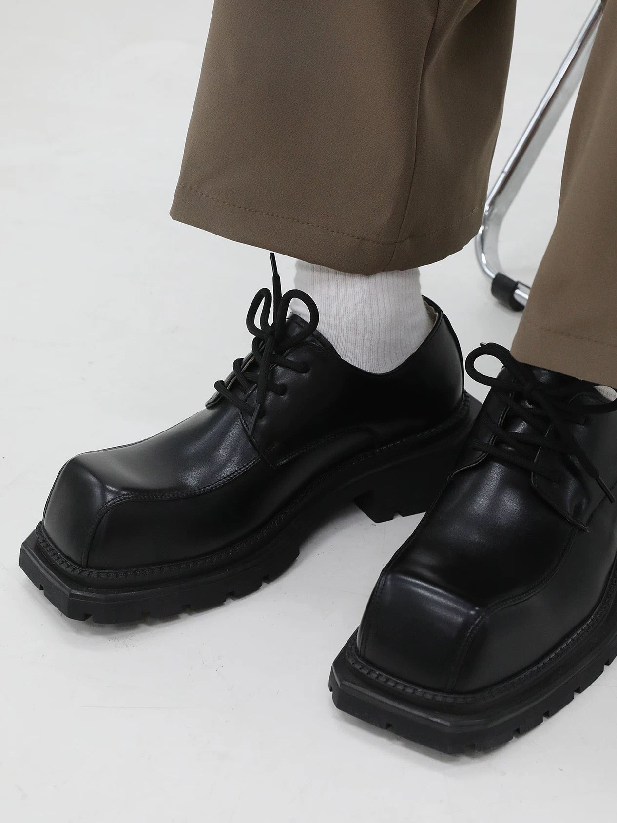 Black Square Toe Leather Shoes Streetwear