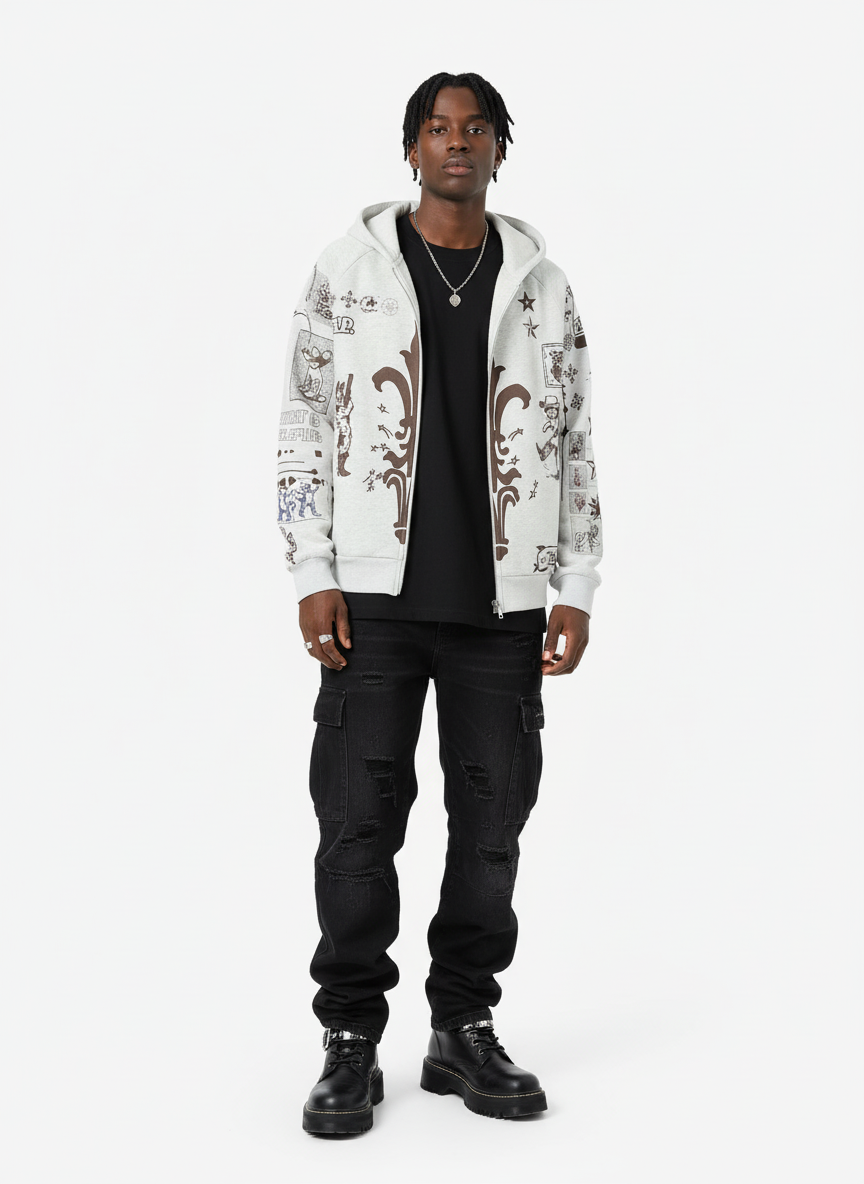 Street Retro Cat Graffiti Hooded Zipper Sweatshirt
