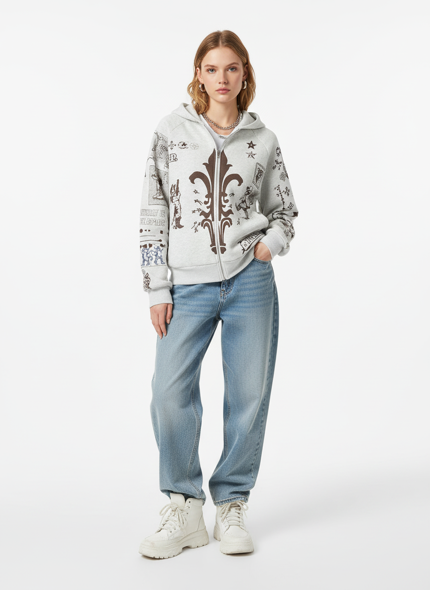 Street Retro Cat Graffiti Hooded Zipper Sweatshirt