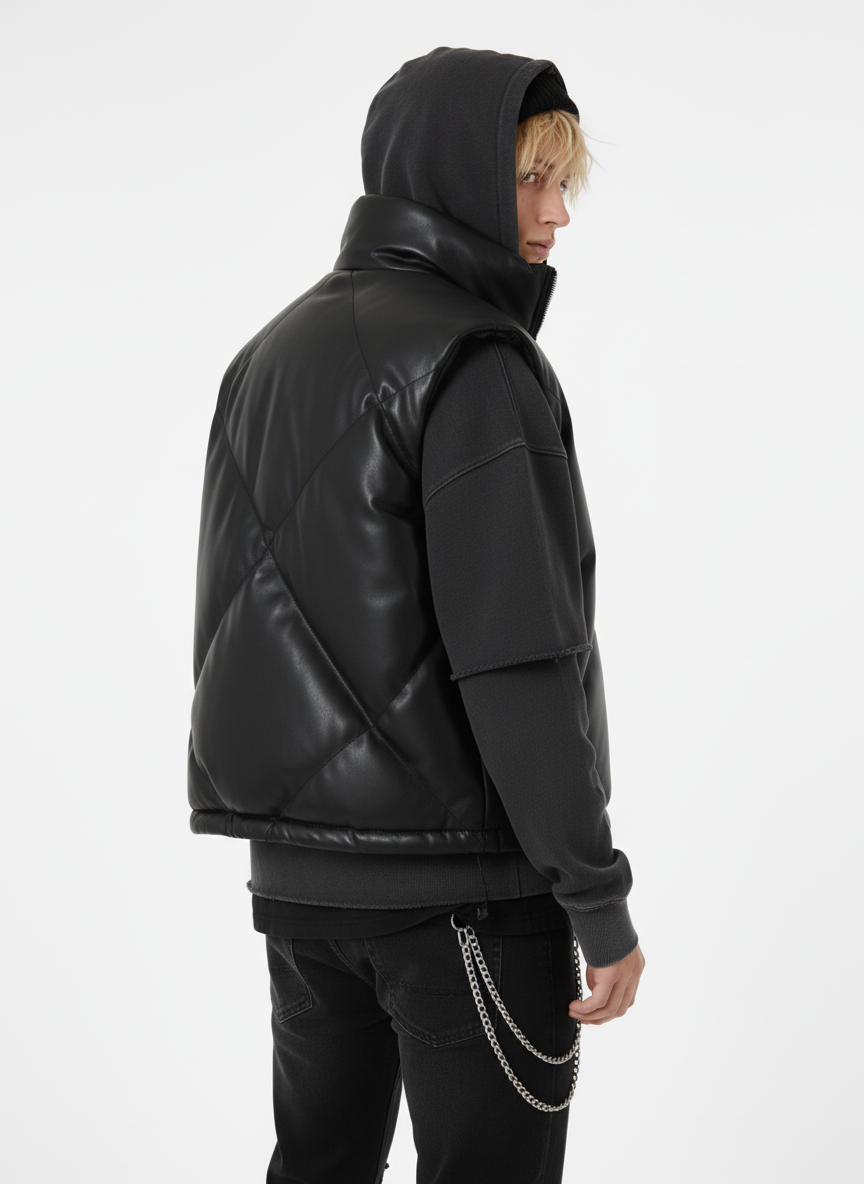Minimalist Faux Leather Stand Collar Puffer Vest