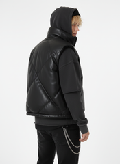 Minimalist Faux Leather Stand Collar Puffer Vest