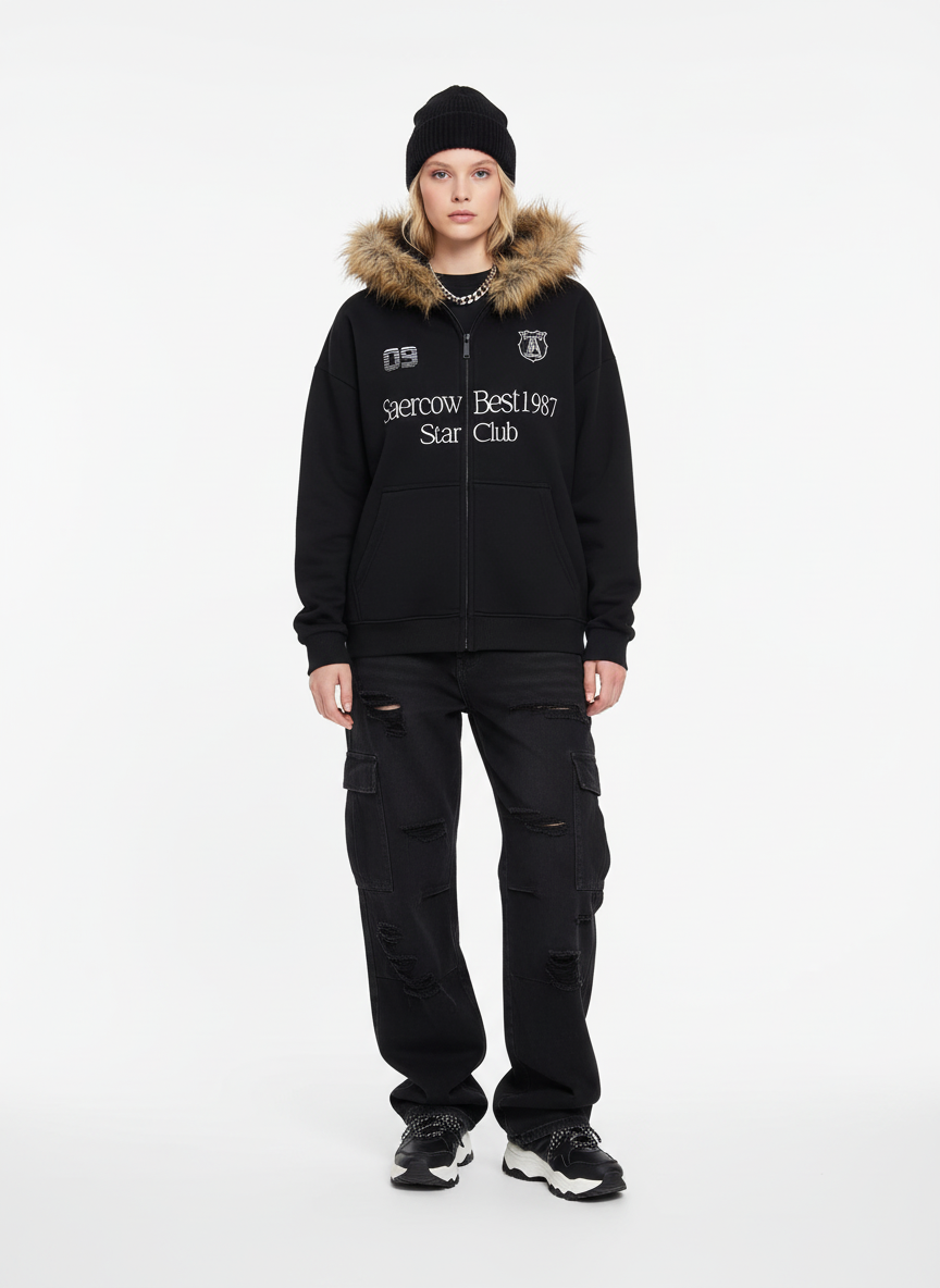 Letter Medal Embroidered Cardigan Fur Collar Hooded Sweatshirt