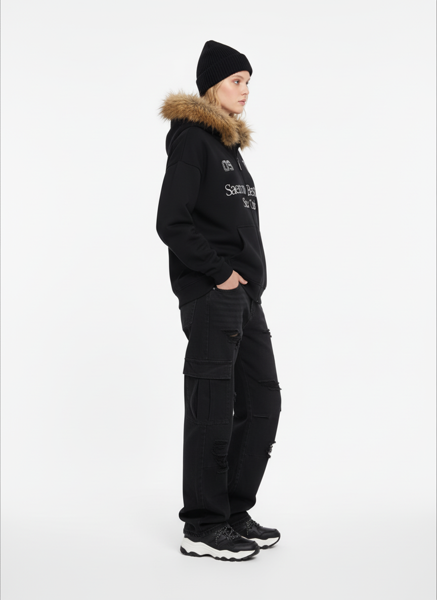 Letter Medal Embroidered Cardigan Fur Collar Hooded Sweatshirt