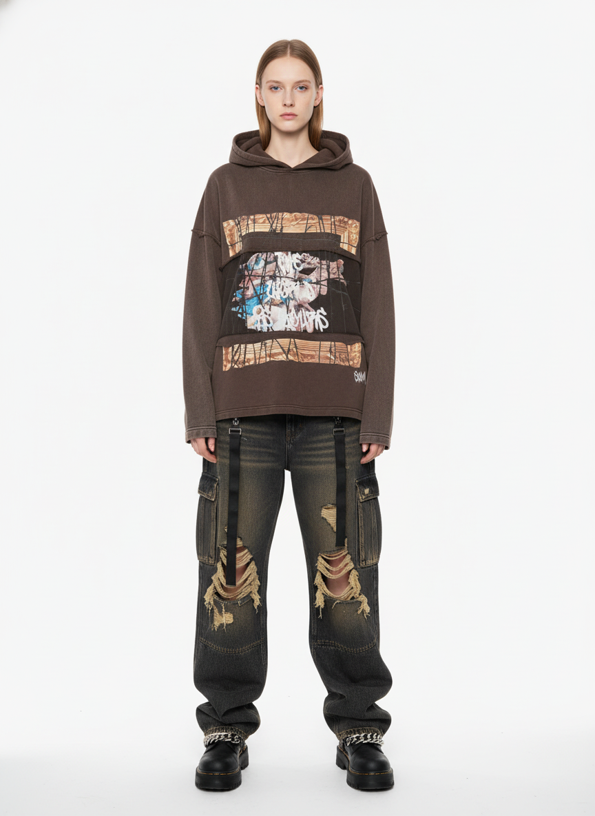 Distressed Thorn Destruction Painting Hooded Sweatshirt