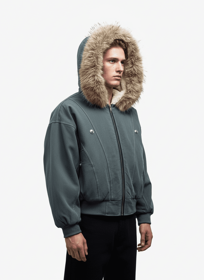Faux Fur Lined Zip Up Hooded Bomber Jacket