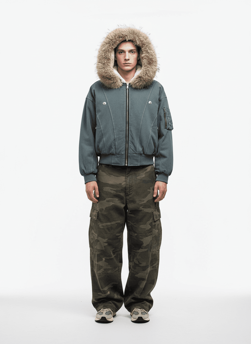 Faux Fur Lined Zip Up Hooded Bomber Jacket