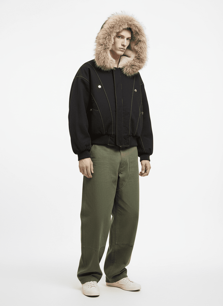Faux Fur Lined Zip Up Hooded Bomber Jacket