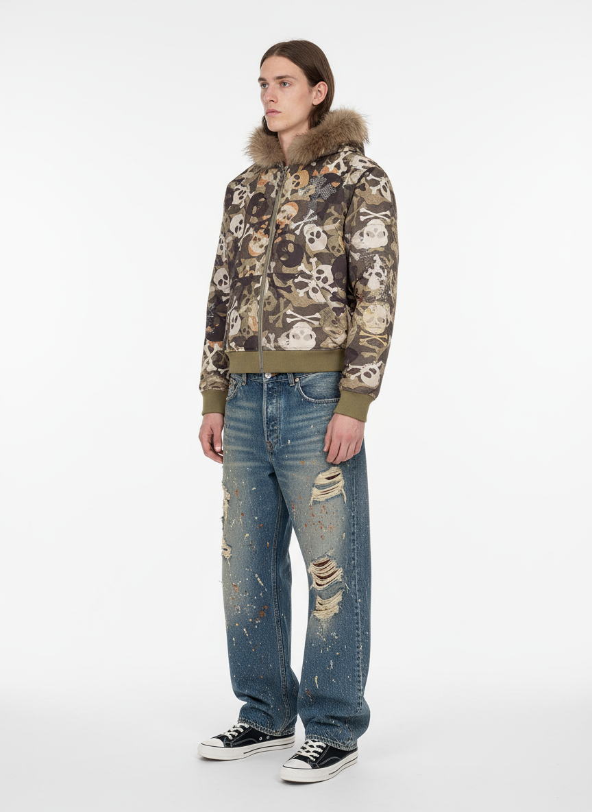 Skull Camouflage Fur Collar Hot Diamond Hooded Jacket