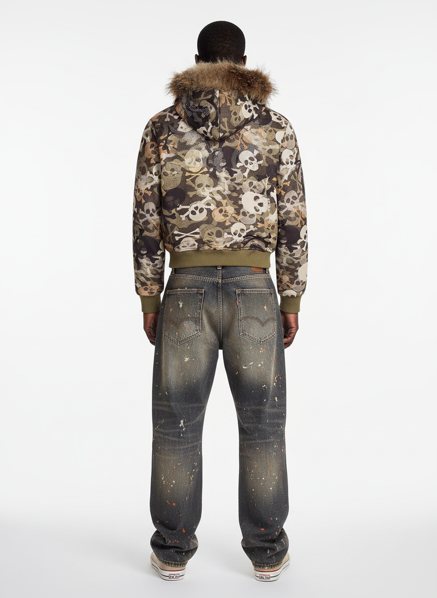 Skull Camouflage Fur Collar Hot Diamond Hooded Jacket
