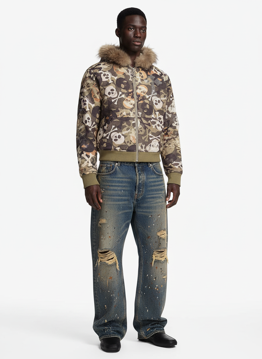 Skull Camouflage Fur Collar Hot Diamond Hooded Jacket