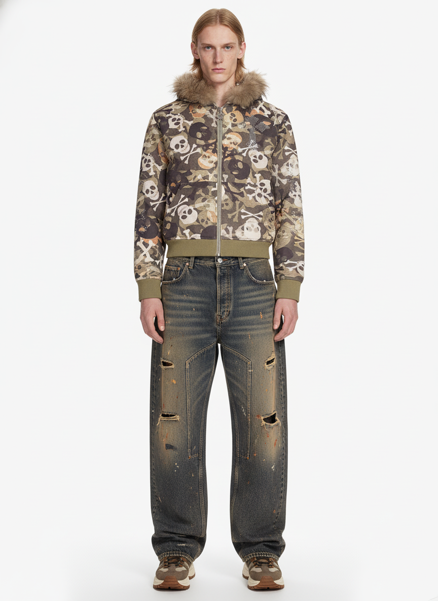 Skull Camouflage Fur Collar Hot Diamond Hooded Jacket