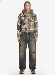 Skull Camouflage Fur Collar Hot Diamond Hooded Jacket