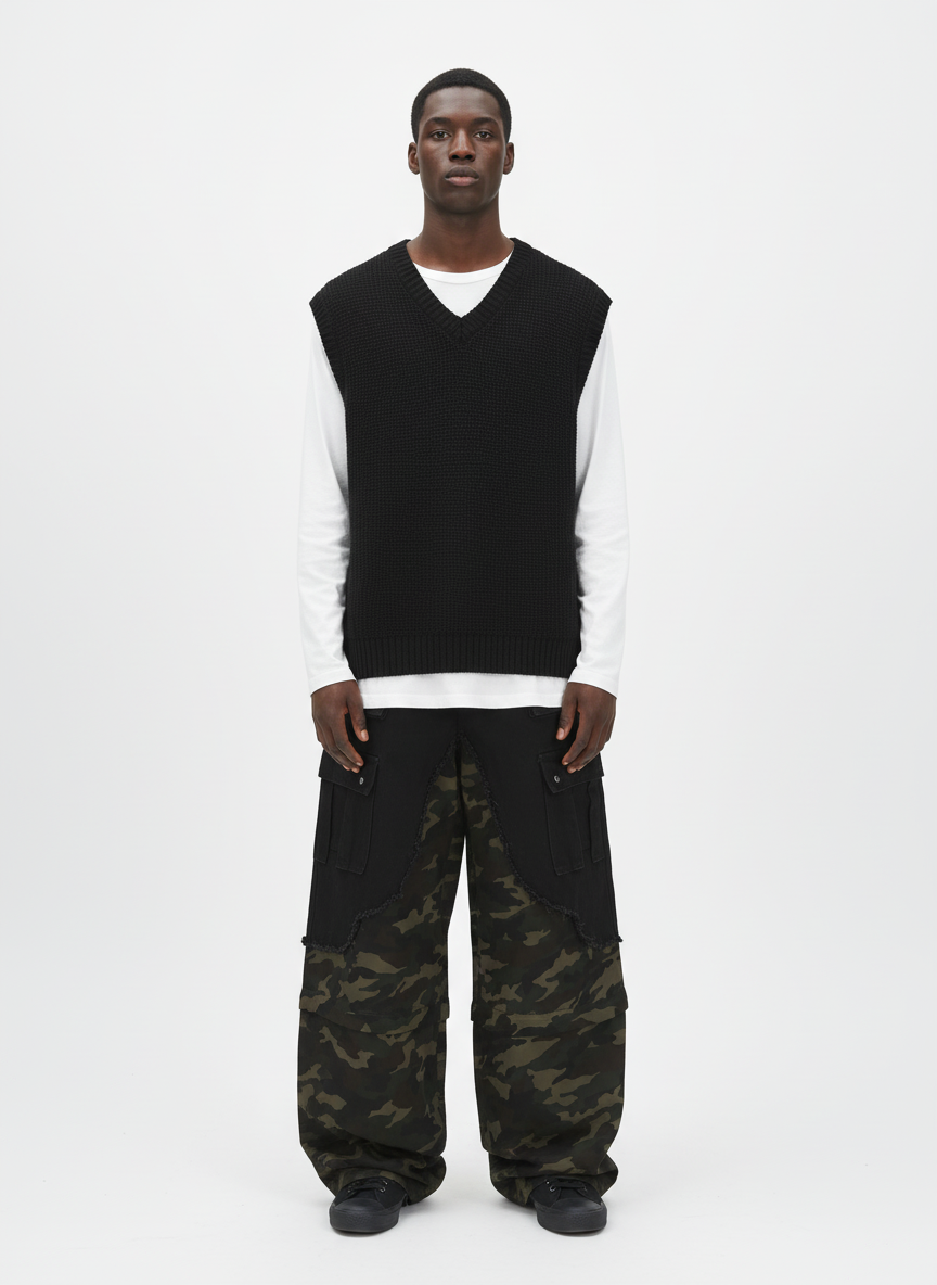 Retro Camouflage Faux Two-Piece Detachable Patchwork Pants
