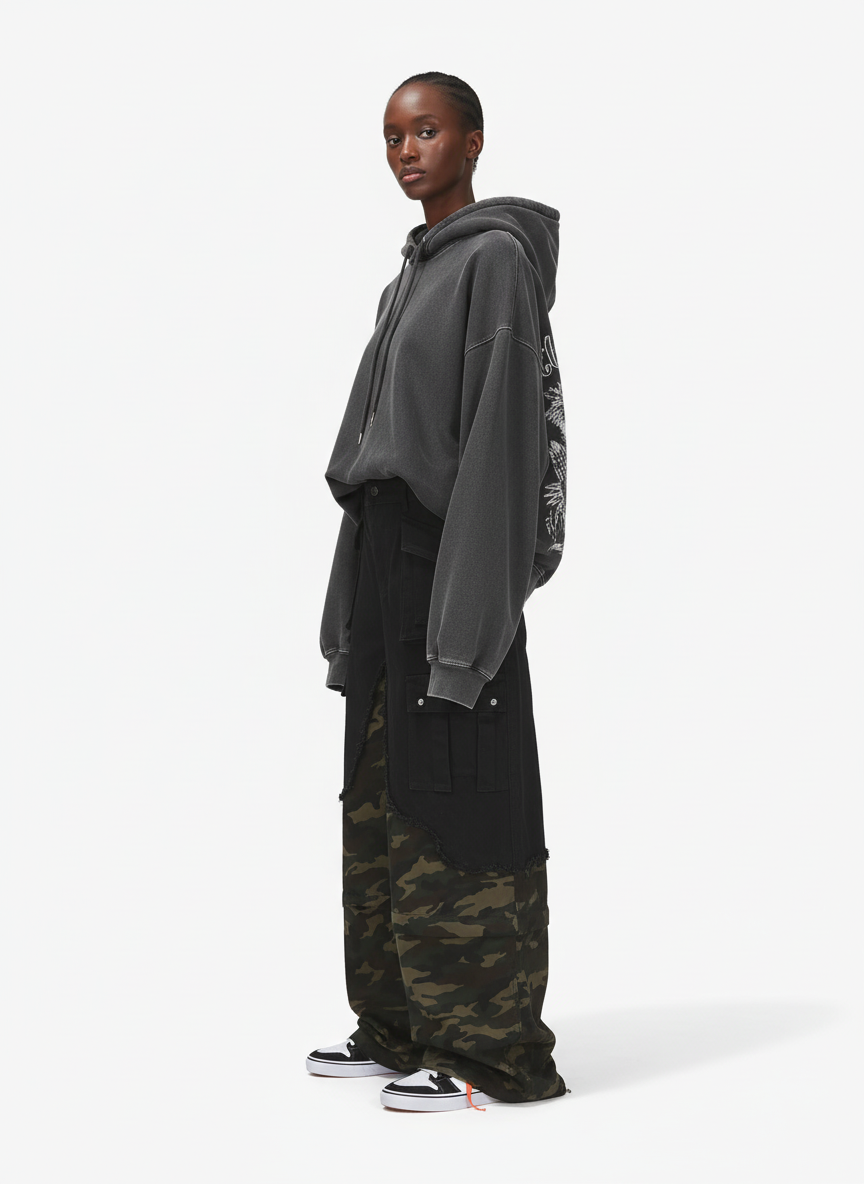 Retro Camouflage Faux Two-Piece Detachable Patchwork Pants