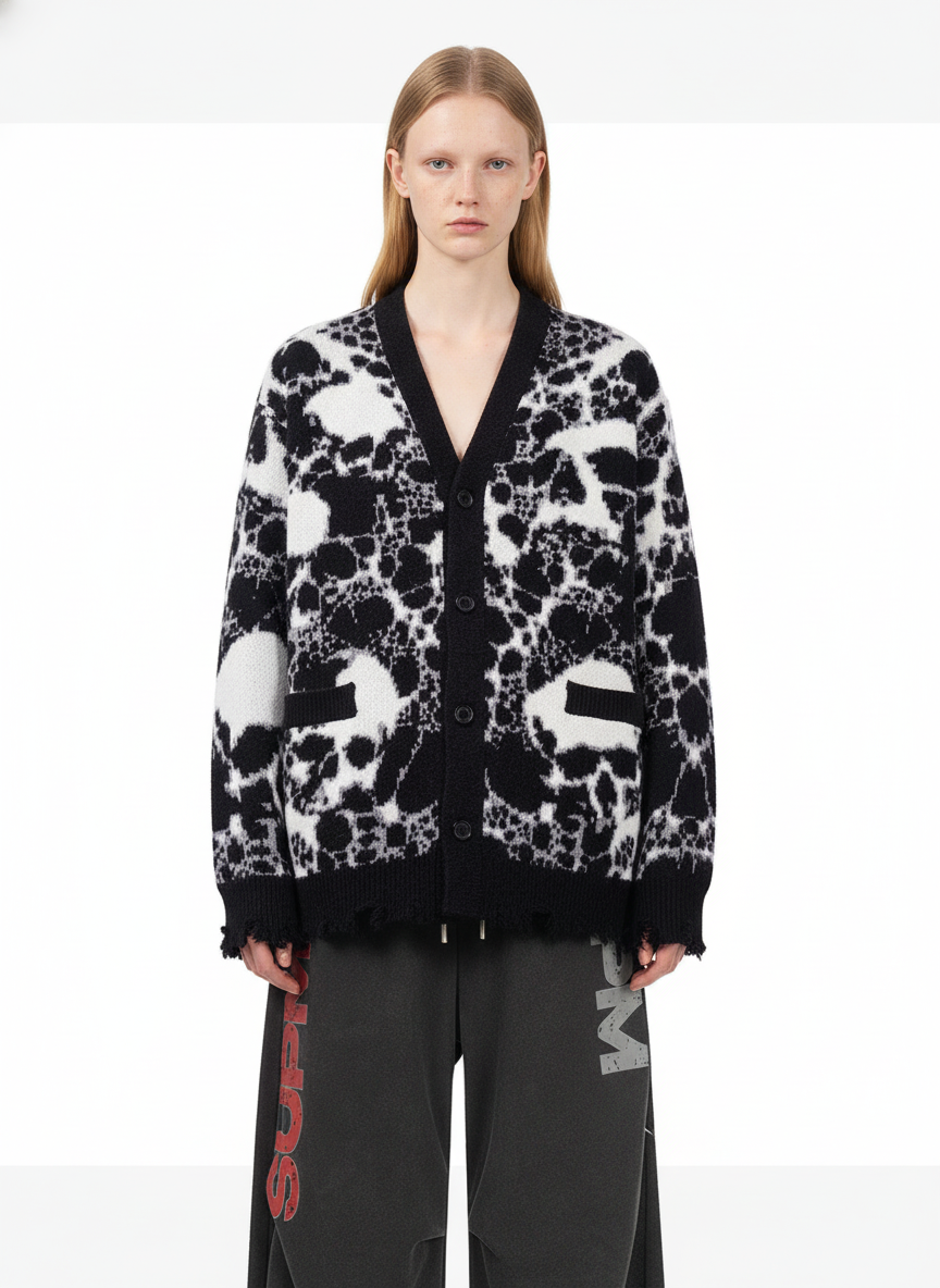 Vintage Skull Leopard Jacquard Knitted Cardigan