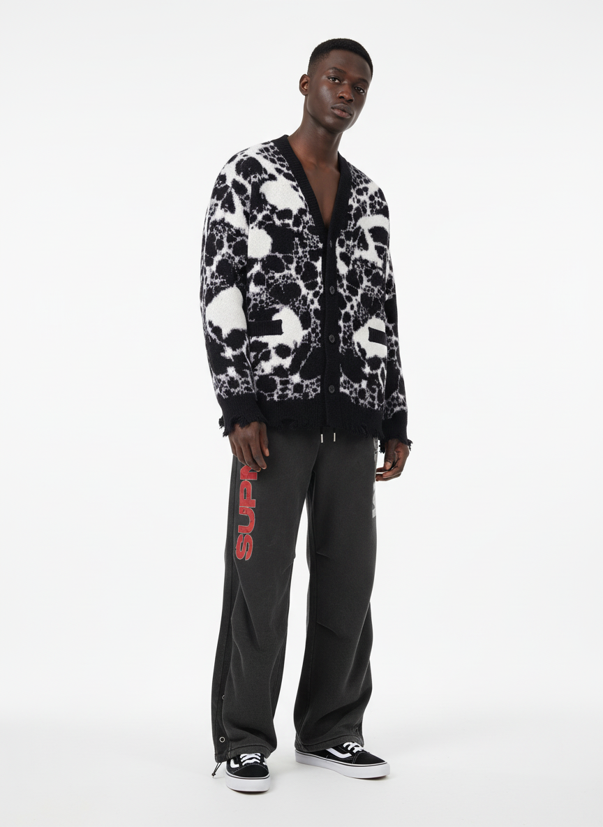 Vintage Skull Leopard Jacquard Knitted Cardigan