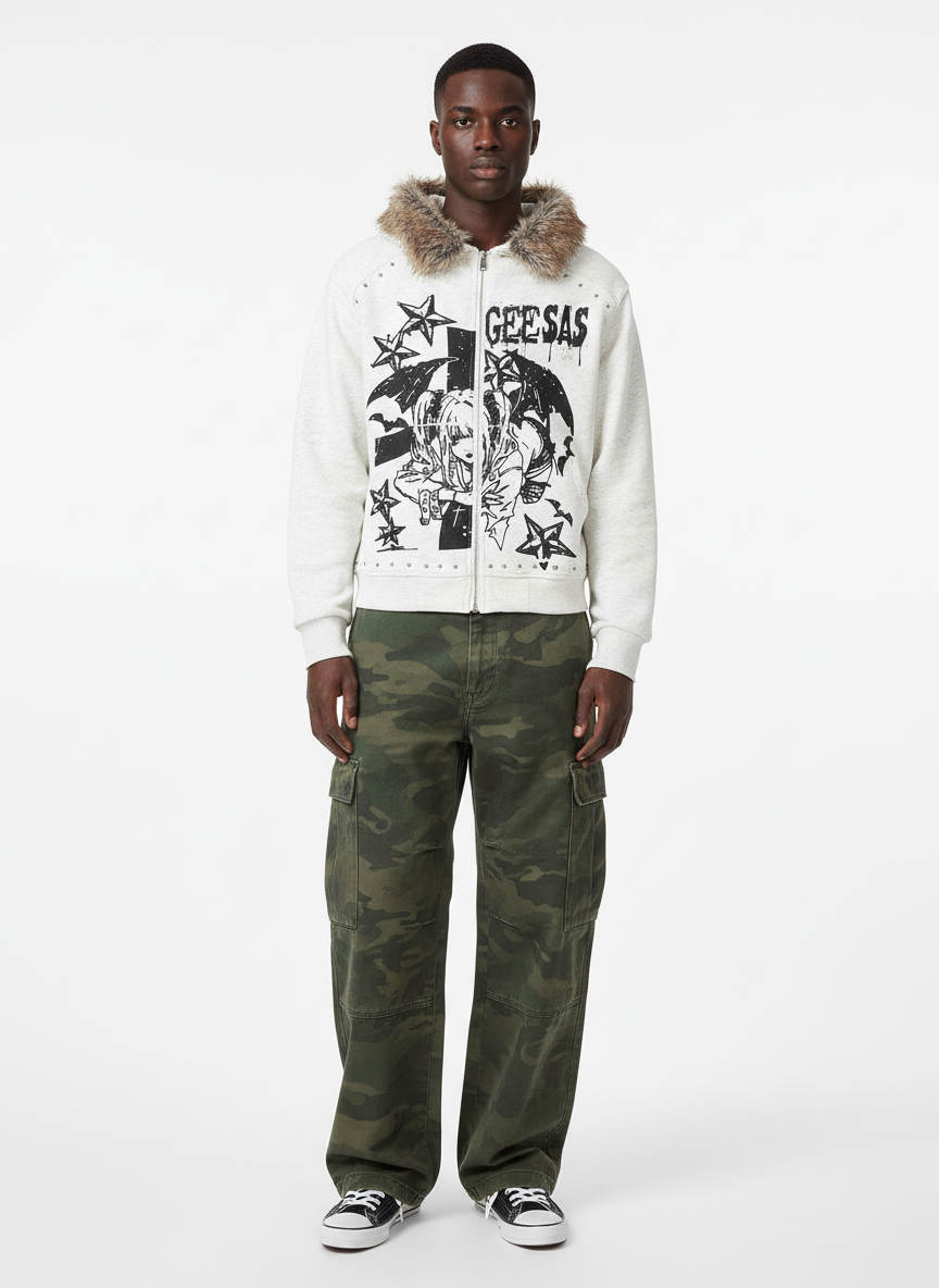 Retro Fur Collar Cartoon Pattern Zipper Hooded Sweatshirt