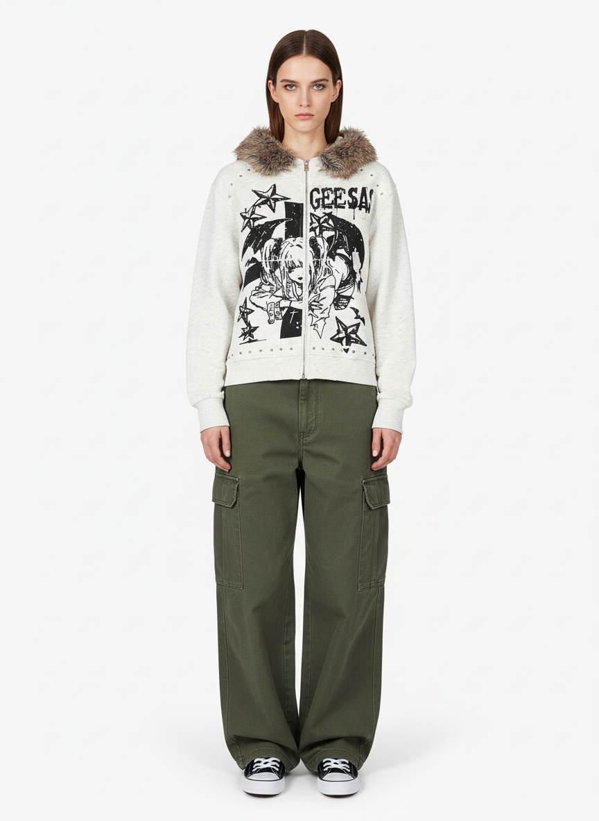 Retro Fur Collar Cartoon Pattern Zipper Hooded Sweatshirt