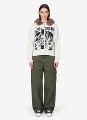 Retro Fur Collar Cartoon Pattern Zipper Hooded Sweatshirt