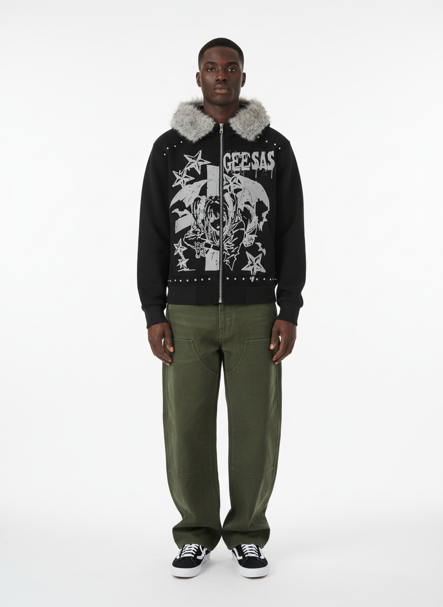 Retro Fur Collar Cartoon Pattern Zipper Hooded Sweatshirt