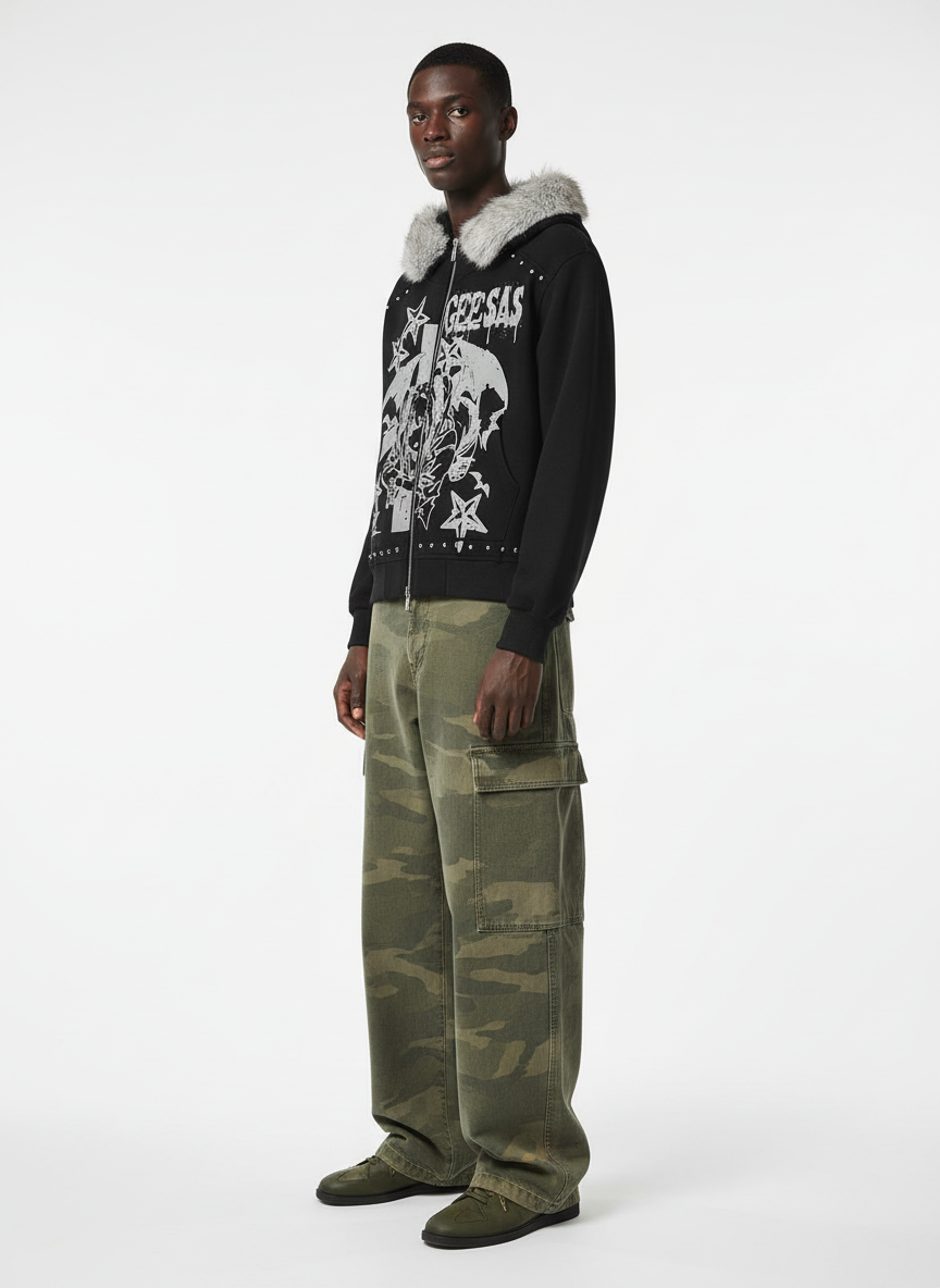 Retro Fur Collar Cartoon Pattern Zipper Hooded Sweatshirt