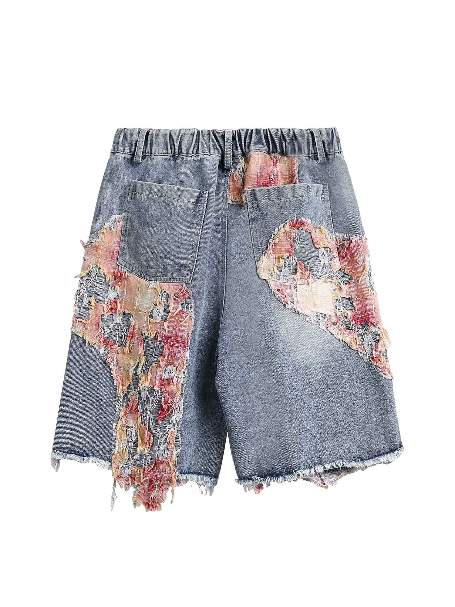 Craftsmanship Ripped Floral Denim Shorts Boho Casual Style