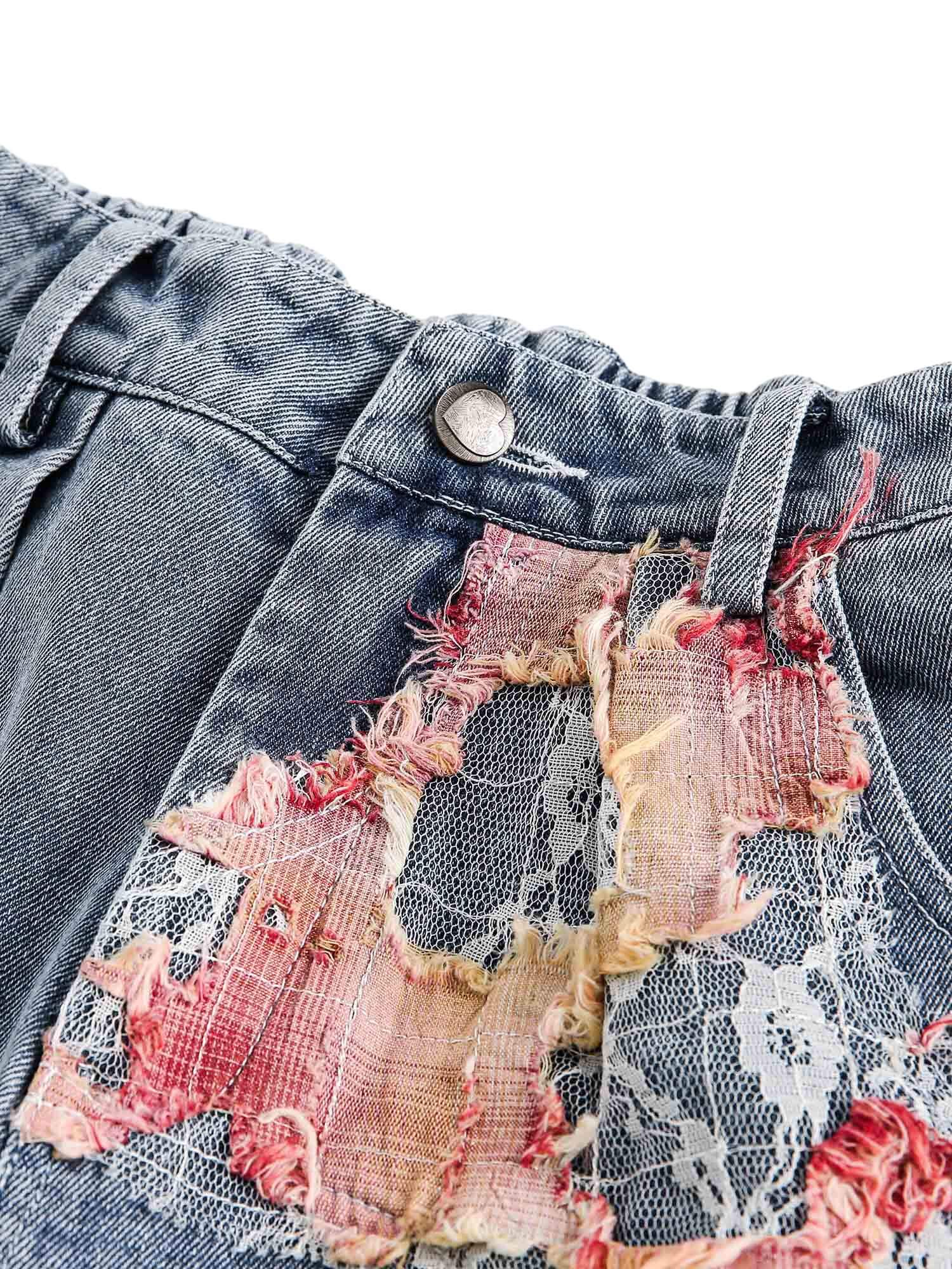 Craftsmanship Ripped Floral Denim Shorts Boho Casual Style