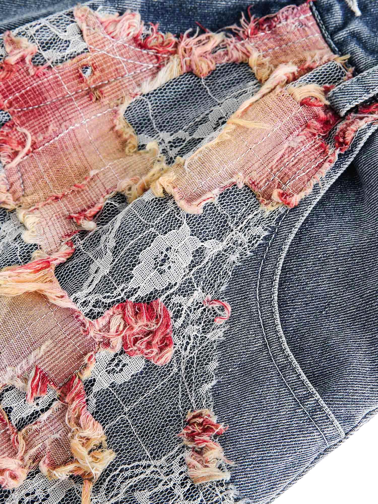 Craftsmanship Ripped Floral Denim Shorts Boho Casual Style