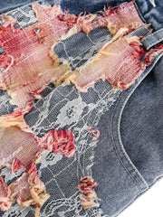 Craftsmanship Ripped Floral Denim Shorts Boho Casual Style
